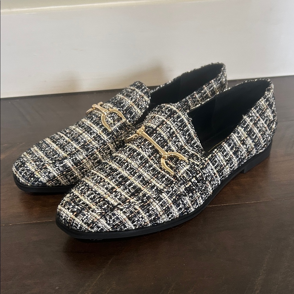 RACHEL Rachel Roy Black and White Tweed Loafers with Gold Hardware